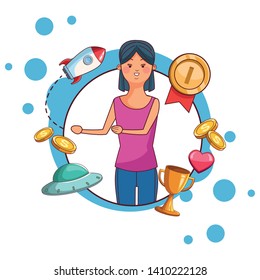 vieo game young woman play scene cartoon  vector illustration graphic design
