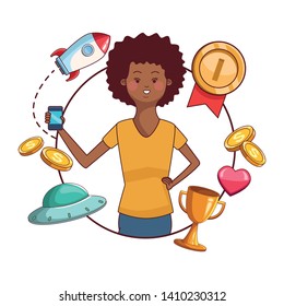 vieo game young woman smartphone play scene cartoon vector illustration graphic design