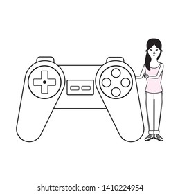 vieo game young woman video game controller play scene cartoon vector illustration graphic design