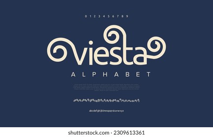Alfabeto del logotipo de tecnología digital abstracta Viesta. Fuentes urbanas modernas mínimas para logotipo, marca, etc. Tipografía tipo de letra mayúsculas minúsculas y número. ilustración vectorial