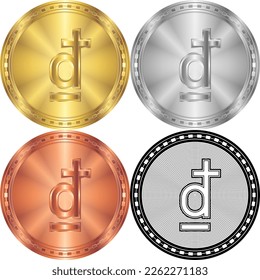 Viet Nam Dong (VND) Currency Sign Symbol Circular Round Coin Digital Cryptocurrency Gold, Silver, Copper, Black-White Silhouette Logo Icon Isolated on White Background
