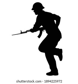 Vietcong Soldier With Rifle Gun In Vietnam War Silhouette Vector, Military Man In The Battle.