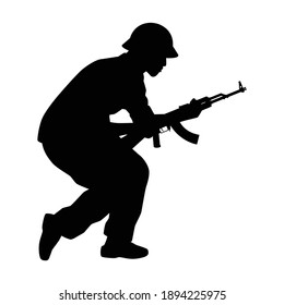 Vietcong Soldier With Rifle Gun In Vietnam War Silhouette Vector, Military Man In The Battle.