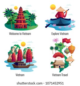 Vietnam 2x2 design concept with traditional clothes accessories cultural and architectural national landmarks cartoon vector illustration