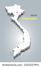 Vietnam 3d map with borders of regions and it’s capital