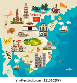 Vietnam abstract map with flag, hand drawn vector illustration. Travel and tourist attraction. Travel illustration of Vietnam with landmarks icons. Poster for children, art travel card, vietnamese arc
