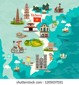 
Vietnam abstract map, hand drawn vector illustration. Travel illustration of Vietnam with landmarks icons. Poster for children, art travel card, vietnamese architecture