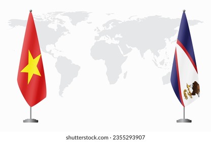 Vietnam and American Samoa flags for official meeting against background of world map.