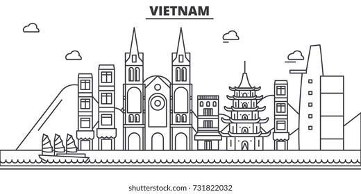 Vietnam architecture line skyline illustration. Linear vector cityscape with famous landmarks, city sights, design icons. Landscape wtih editable strokes