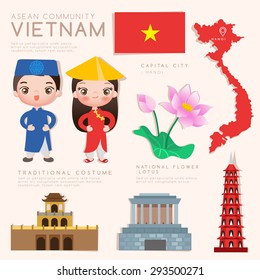 Vietnam : Asean Economic Community (AEC) Infographic with Traditional Costume, National Flower and Tourist Attractions : Vector Illustration EPS10