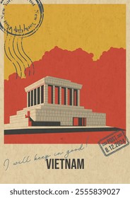 Vietnam Attraction Postcard, Ho Chi Minh Mausoleum Illustration, Vector Template Retro Style Greeting Card with handwriting wish. Postal Imprint, Aged Paper Texture