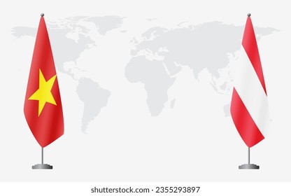 Vietnam and Austria flags for official meeting against background of world map.