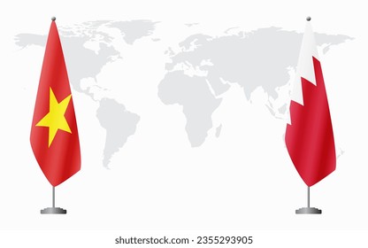 Vietnam and Bahrain flags for official meeting against background of world map.