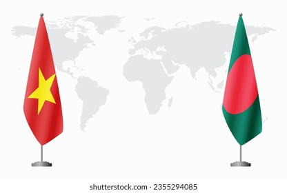 Vietnam and Bangladesh flags for official meeting against background of world map.