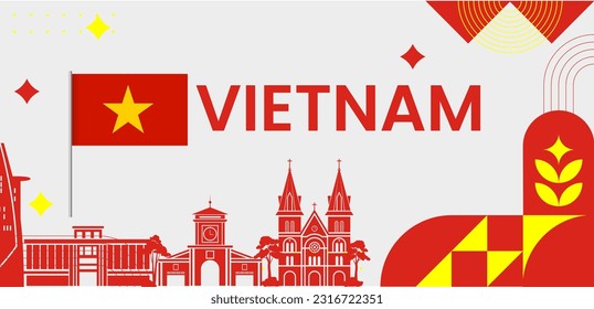 vietnam banner for national day with abstract modern design. usa america flag and map with typograph flag color theme. vietnam  landmark, and embroidery background.
