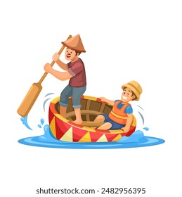 Vietnam Basket Boat Spinning Tourist Attraction Cartoon Illustration Vector