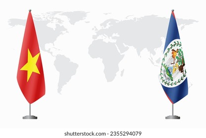 Vietnam and Belize flags for official meeting against background of world map.