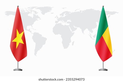 Vietnam and Benin flags for official meeting against background of world map.