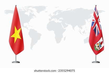 Vietnam and Bermuda flags for official meeting against background of world map.