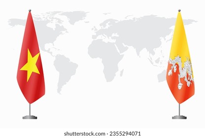 Vietnam and Bhutan flags for official meeting against background of world map.