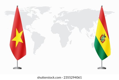 Vietnam and Bolivia flags for official meeting against background of world map.