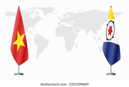 Vietnam and Bonaire flags for official meeting against background of world map.