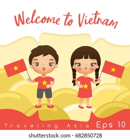 Vietnam : Boy and girl with national flag : Vector Illustration