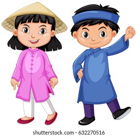 Vietnam boy and girl in tradition outfit illustration