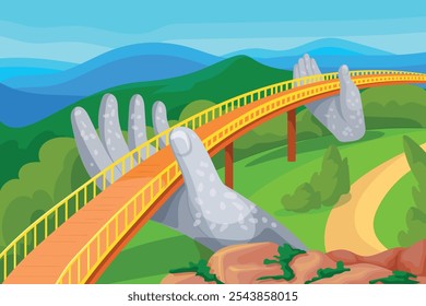 Puente de Vietnam. Lugares turísticos vietnamitas, puentes dorados en danang manos en ba na colinas de dibujos animados paisaje natural, turismo de viajes asia Lugares famosos populares Ilustración vectorial ordenada Obra de arte original