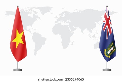 Vietnam and British Virgin Islands flags for official meeting against background of world map.