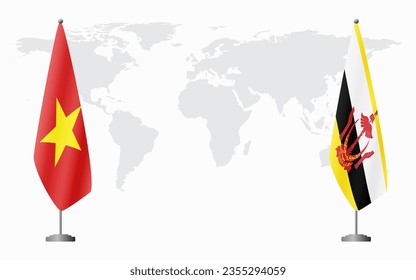 Vietnam and Brunei flags for official meeting against background of world map.