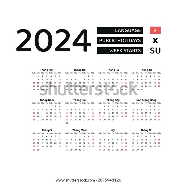 「ベトナム暦2024年。週は日曜日から始まります。ベクター画像グラフィックデザイン。ベトナム語」のベクター画像素材（ロイヤリティフリー