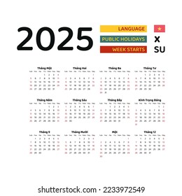 Calendario de Vietnam 2025. La semana comienza el domingo. Diseño gráfico vectorial. Idioma vietnamita.