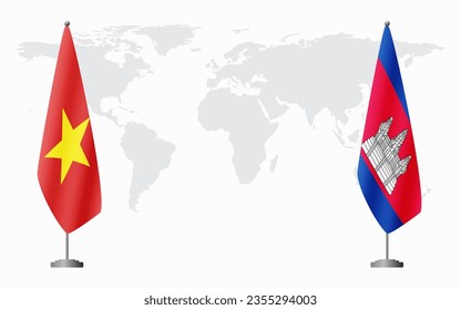 Vietnam and Cambodia flags for official meeting against background of world map.