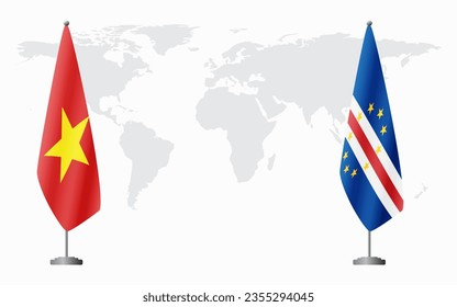 Vietnam and Cape Verde flags for official meeting against background of world map.