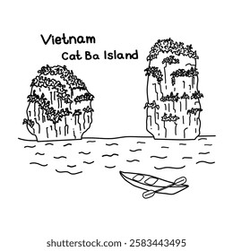 Vietnam, Cat Ba island. Hand drawn with black pen. Vector illustration of Vietnam landmarks.