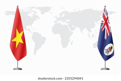 Vietnam and Cayman Islands flags for official meeting against background of world map.