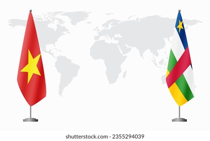 Vietnam and Central African Republic flags for official meeting against background of world map.