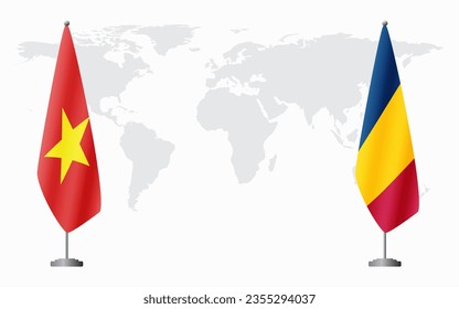 Vietnam and Chad flags for official meeting against background of world map.