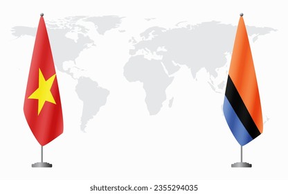 Vietnam and Chagos Islands flags for official meeting against background of world map.