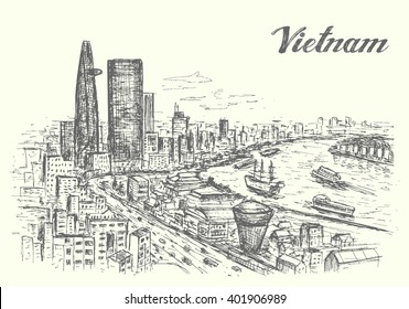 Vietnam Cho Chi Minh city panorama hand drawn  sketch style  isolated  vector illustration 