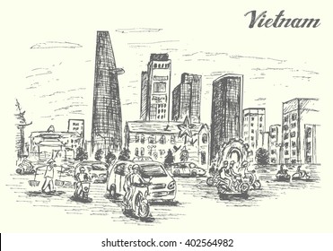 Vietnam Cho Chi Minh city scene hand drawn  sketch style  isolated  vector illustration 