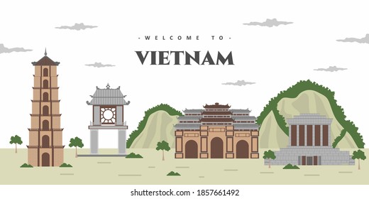 Vietnam city landscape with historical world famous building landmark. Vietnam Landmarks, frame, travel and tourist attraction. World cities vacation travel sightseeing Asia collection.