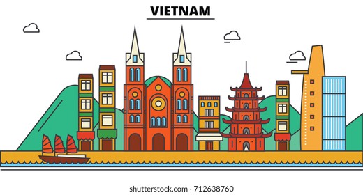 Vietnam, . City skyline: architecture, buildings, streets, silhouette, landscape, panorama, landmarks. Editable strokes. Flat design line vector illustration concept. Isolated icons set