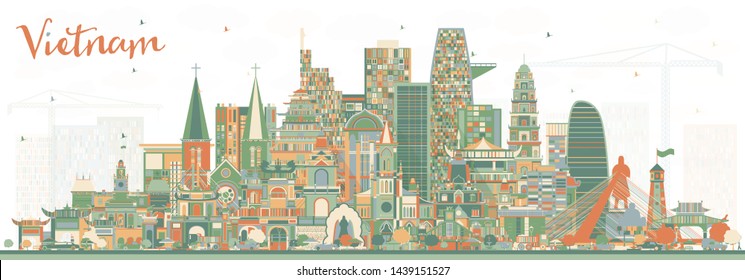 Vietnam City Skyline with Color Buildings. Vector Illustration. Tourism Concept with Historic Architecture. Vietnam Cityscape with Landmarks. Hanoi. Ho Chi Minh. Haiphong. Da Nang. 