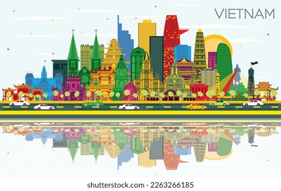 Vietnam City Skyline with Color Buildings, Blue Sky and Reflections. Vector Illustration. Tourism Concept with Historic Architecture. Vietnam Cityscape with Landmarks. Hanoi. Ho Chi Minh.