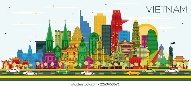 Vietnam City Skyline with Color Buildings and Blue Sky. Vector Illustration. Tourism Concept with Historic Architecture. Vietnam Cityscape with Landmarks. Hanoi. Ho Chi Minh. Haiphong. Da Nang.