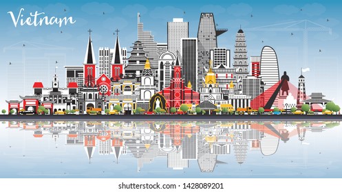 Vietnam City Skyline with Gray Buildings, Blue Sky and Reflections. Vector Illustration. Tourism Concept with Historic Architecture. Vietnam Cityscape with Landmarks. Hanoi. Ho Chi Minh.