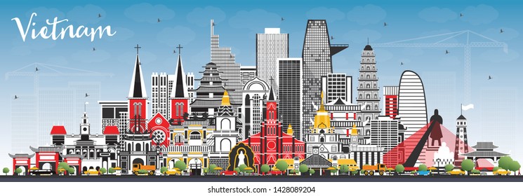 Vietnam City Skyline with Gray Buildings and Blue Sky. Vector Illustration. Tourism Concept with Historic Architecture. Vietnam Cityscape with Landmarks. Hanoi. Ho Chi Minh. Haiphong. Da Nang.