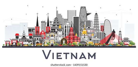 Vietnam City Skyline with Gray Buildings Isolated on White. Vector Illustration. Tourism Concept with Historic Architecture. Vietnam Cityscape with Landmarks. Hanoi. Ho Chi Minh. Haiphong. Da Nang. 